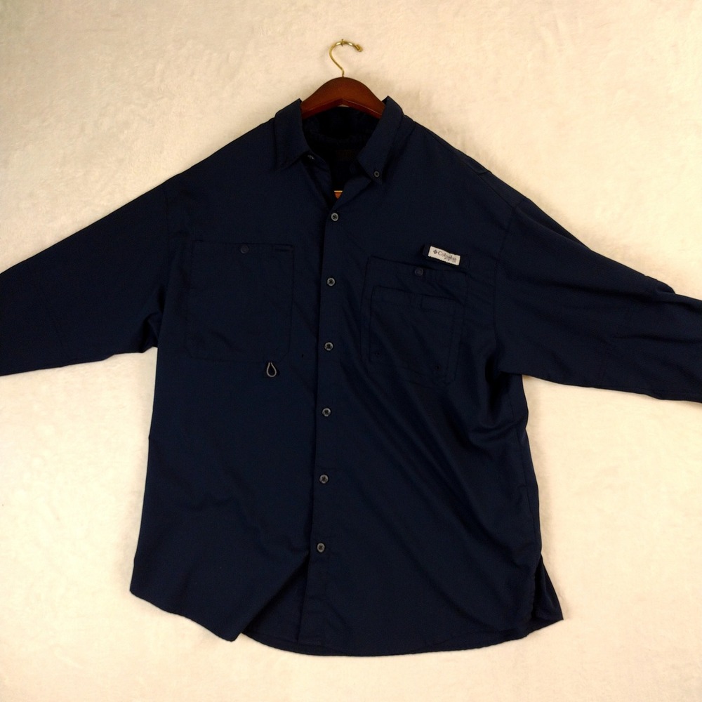 Columbia PFG Mens Navy Blue Long Sleeve Fishing Shirt Ripstop XM7102 Large